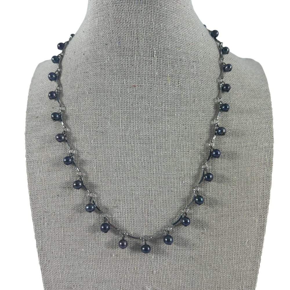 Faux Black Pearl Silver Tone Necklace Marked 16 KCP Italy Beaded Dangle